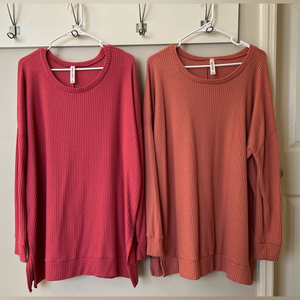 SET OF 2 NWOT Zenana Outfitters Waffle Knit Tunic Length Tops -Size 1X